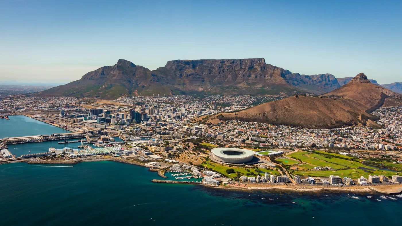 Cape Town aerial — Table Mountain, harbour and stadium