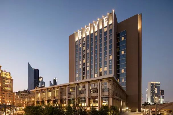 Rove Downtown Dubai — hotel exterior at dusk near Burj area