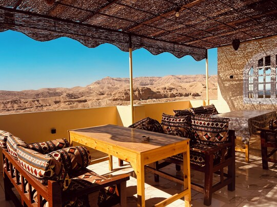 Royal Mountain Hotel Luxor — rooftop terrace with Theban hills view on the West Bank
