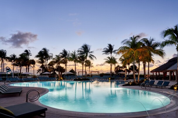 The Ritz-Carlton Key Biscayne — tropical pool deck at dusk with palm trees