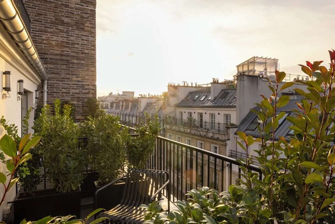 Hôtel Filigrane — planted rooftop terrace over Paris rooftops at sunset