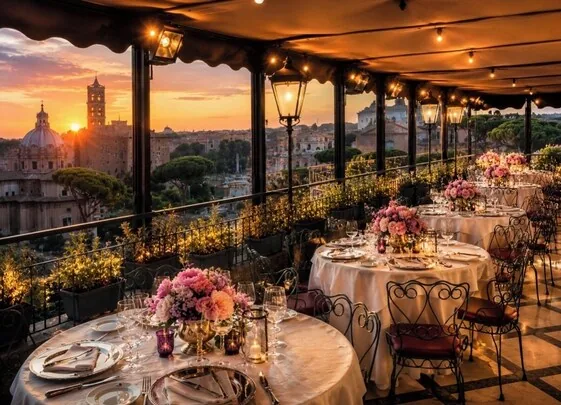 Hotel Forum Rome — rooftop terrace dining overlooking the Roman Forum at sunset