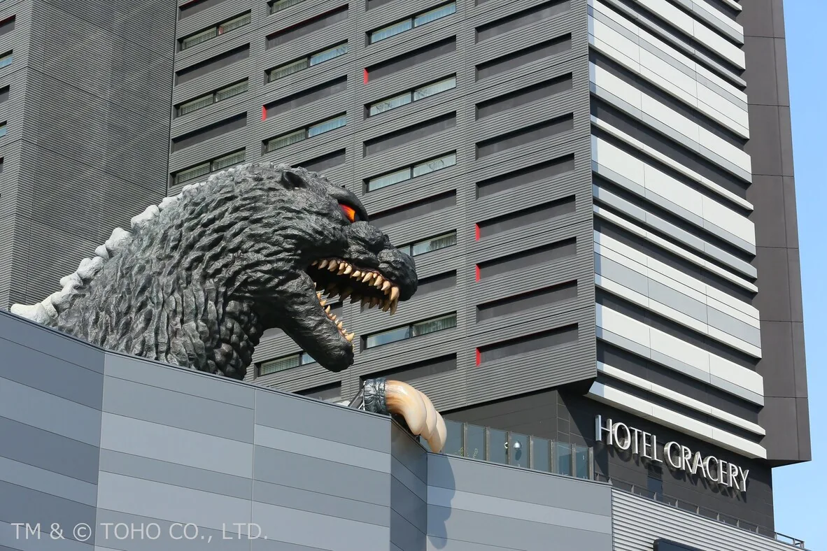 Hotel Gracery Shinjuku — Godzilla head facade at night, Tokyo