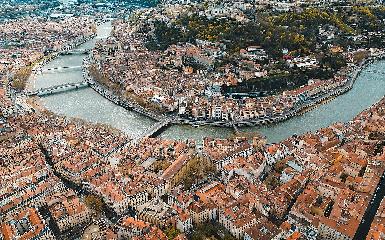 Aerial view of Lyon over the Saône and terracotta rooftops