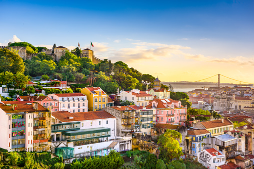 Alfama rooftops and São Jorge Castle at dusk
