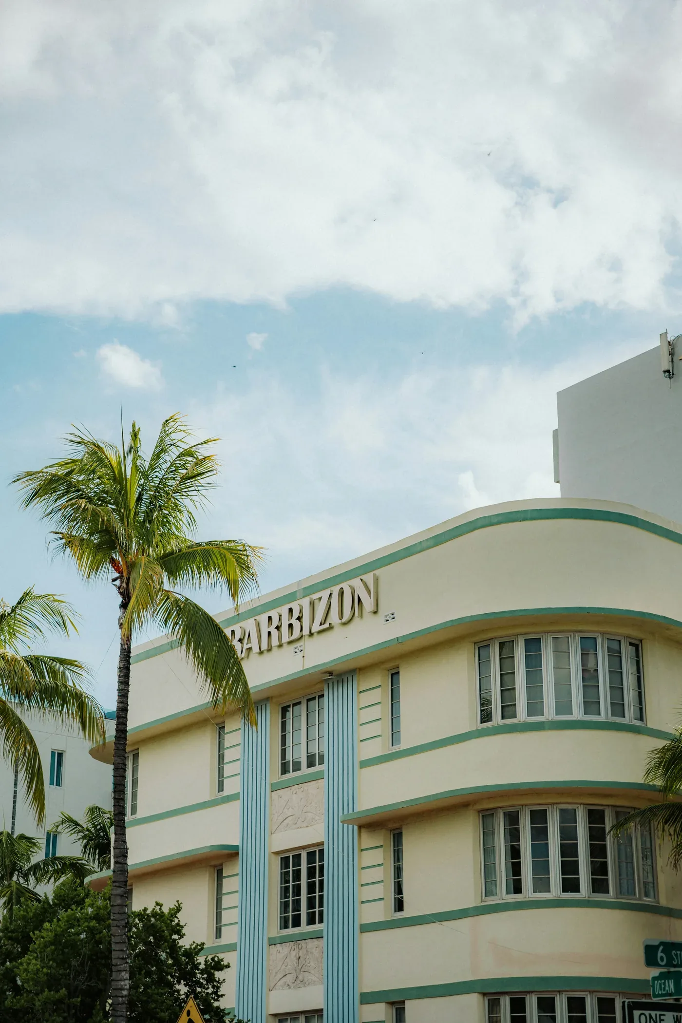 Miami Art Deco district palms against blue sky