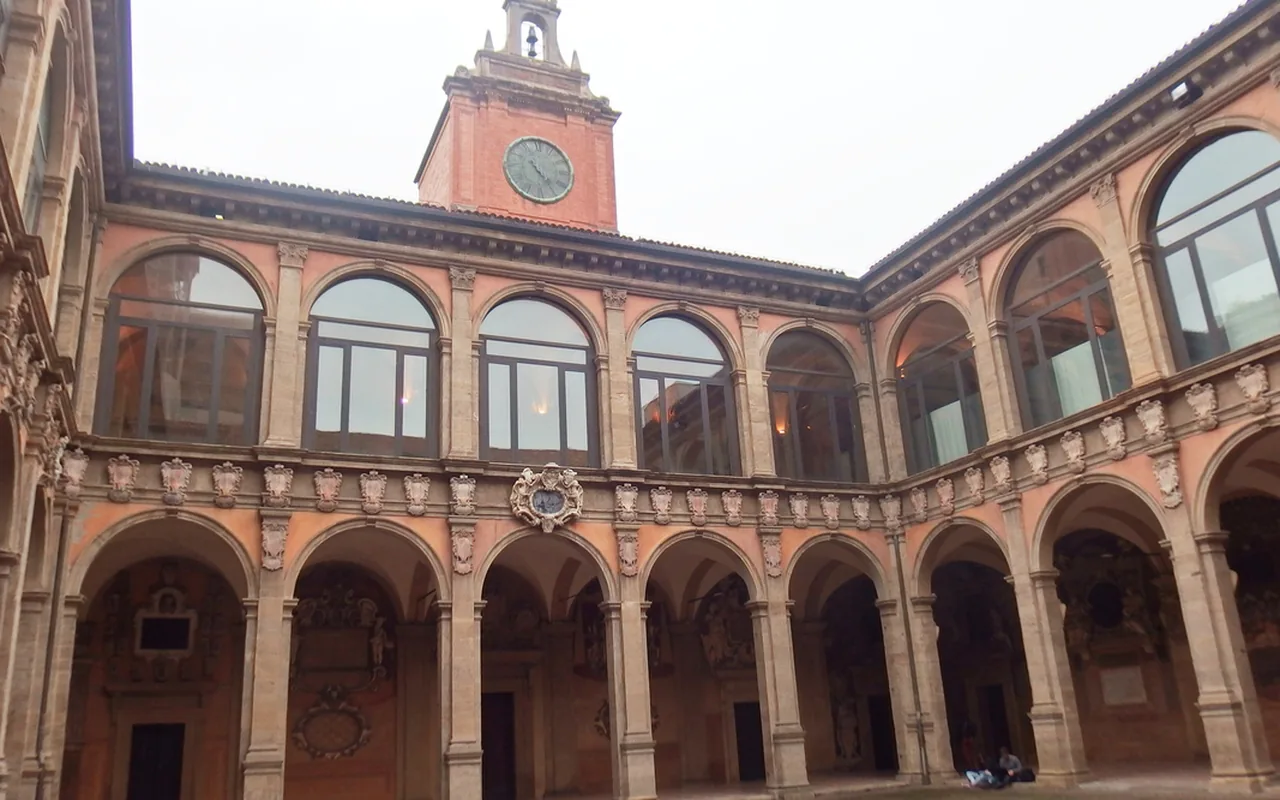 Archiginnasio courtyard arcades and coats of arms, Bologna