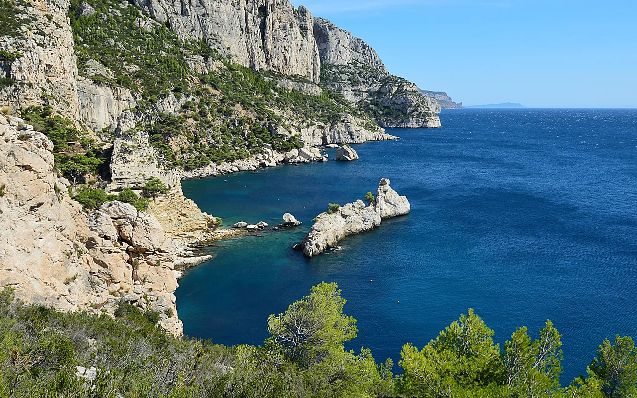 Limestone cliffs and turquoise water in the Calanques near Marseille