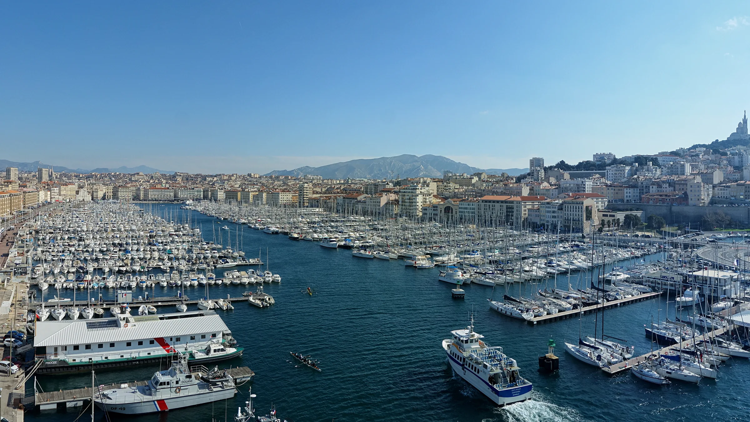 The Vieux-Port in Marseille, France, packed with boats under a wide sky