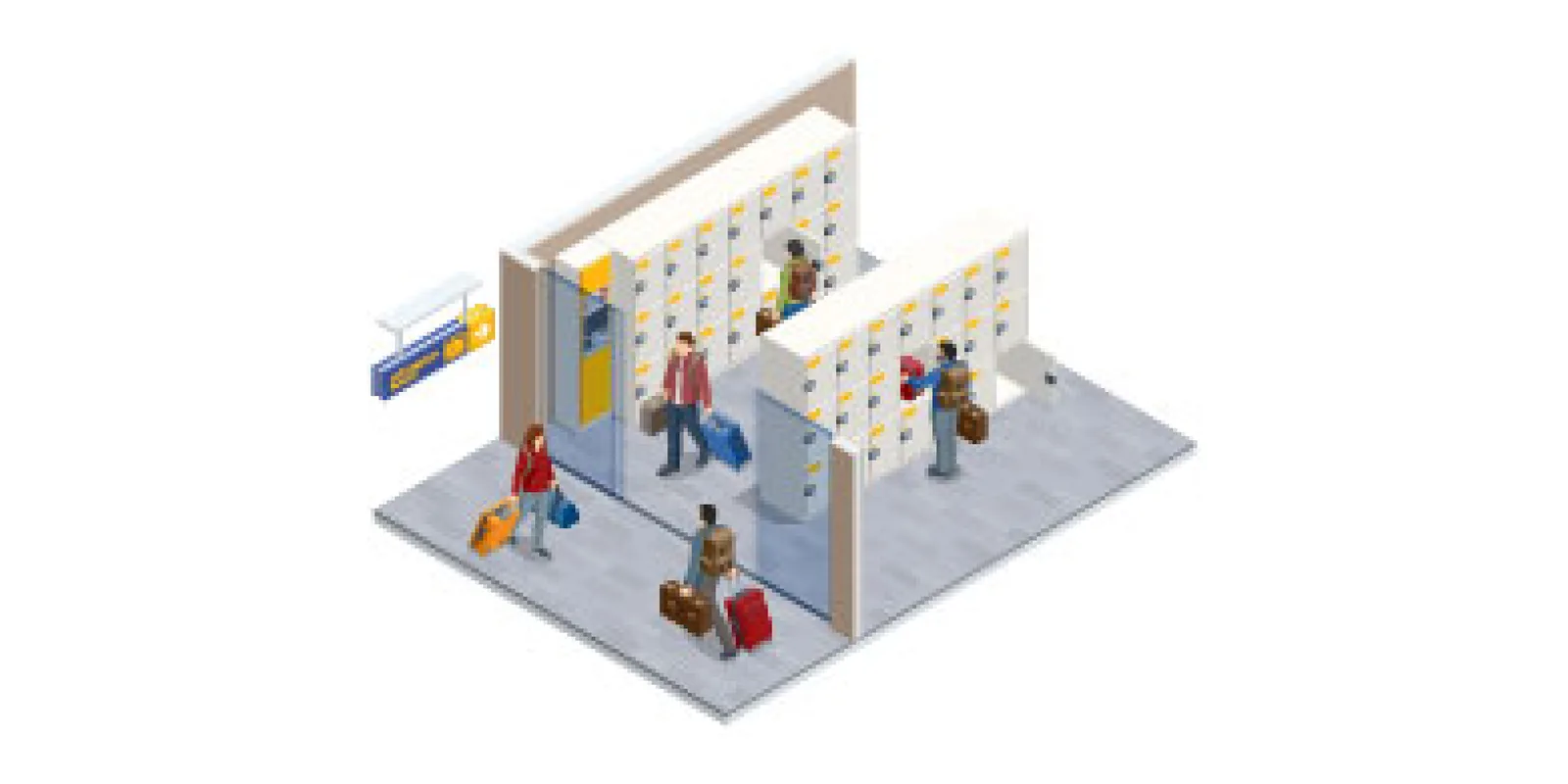 Luggage lockers and travellers with bags
